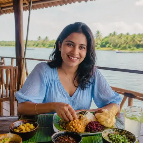 Woman enjoying a traditional Sri Lankan lunch near the Madu River