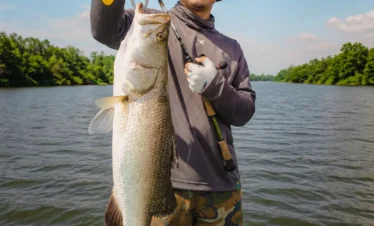 Fishing guest proudly showing a big catch from the Madu River in Sri Lanka