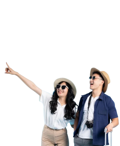 Travel couples enjoying a boat safari with a girl pointing toward the sky