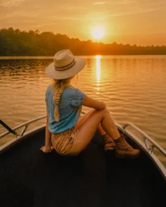 Woman enjoying the sunset during a peaceful Madu River boat safari