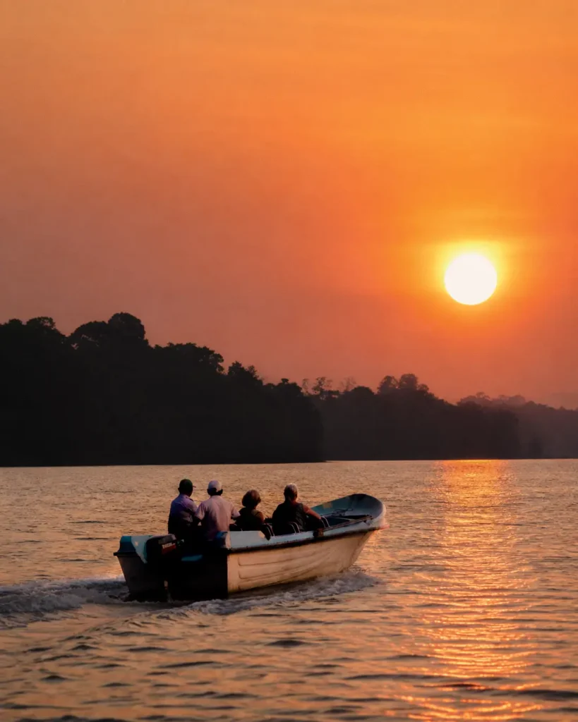 Boat ride during sunset on the peaceful Madu River in Sri Lanka